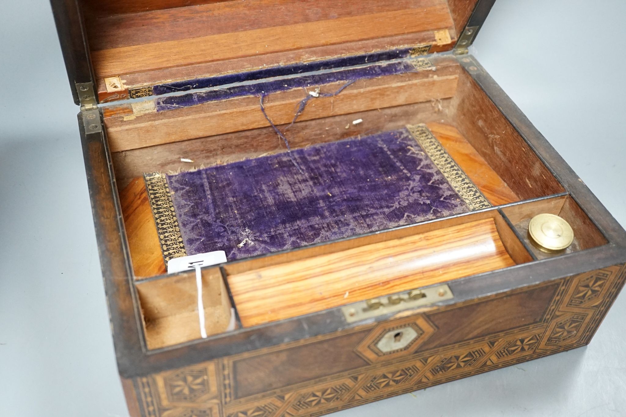 A Victorian inlaid walnut box and a Victorian black lacquer tea caddy, 30cm